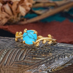 4 Prong Round Cut Turquoise Nature Inspired Leaf Engagement Ring