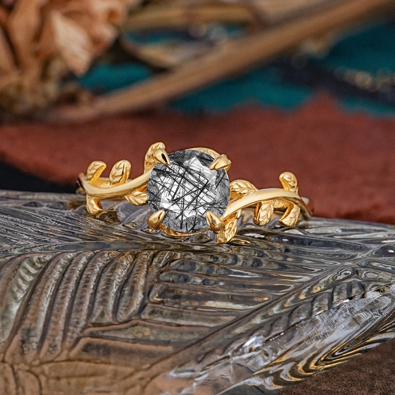 4 Prong Round Cut Black Rutilated Quartz Nature Inspired Leaf Engagement Ring