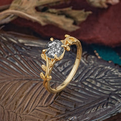 4 Prong Round Cut Black Rutilated Quartz Nature Inspired Leaf Engagement Ring