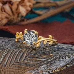 4 Prong Round Cut Black Rutilated Quartz Nature Inspired Leaf Engagement Ring