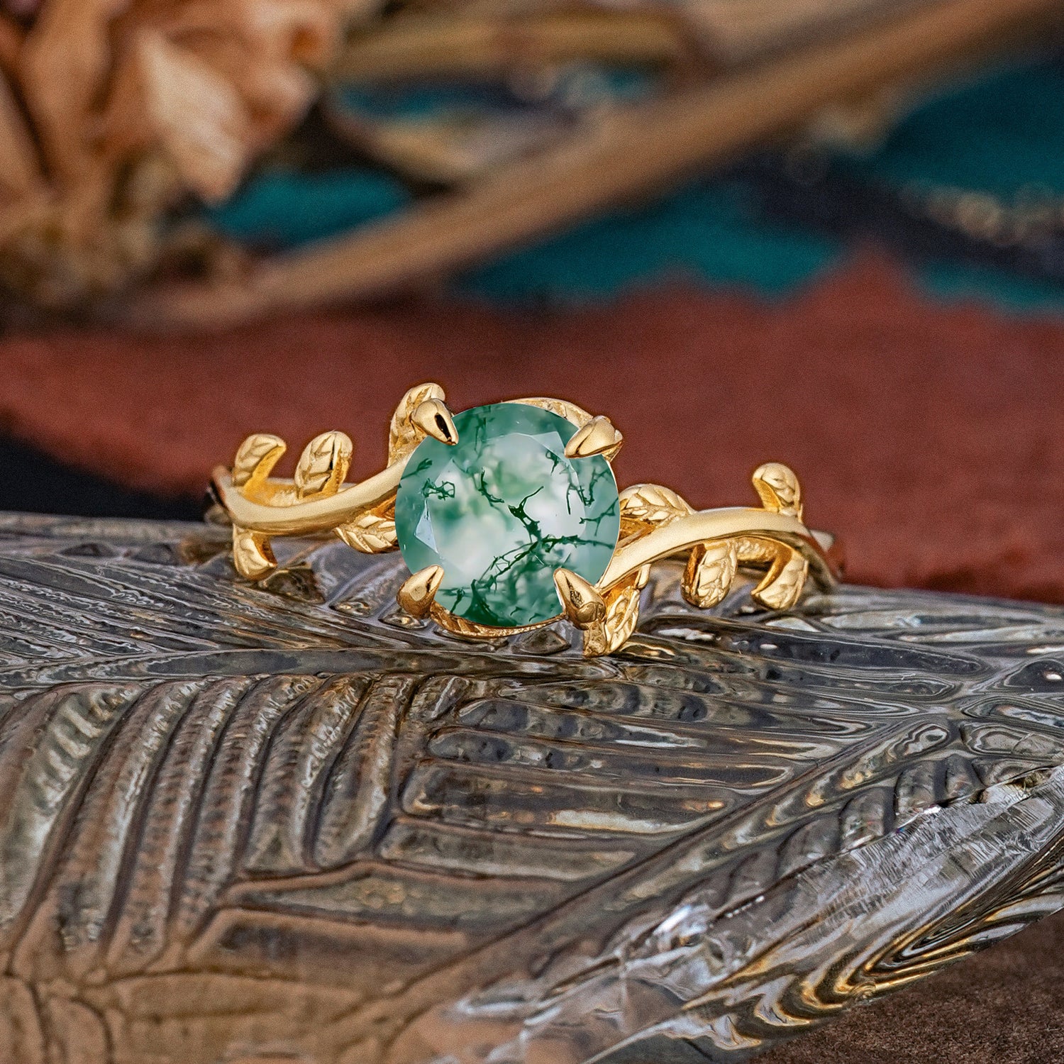 Round Cut Natural Moss Agate Nature Inspired Leaf Engagement Ring