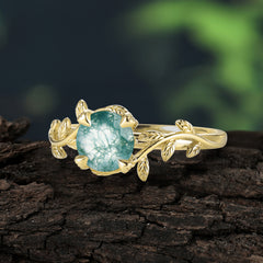 Round Cut Natural Moss Agate Nature Inspired Leaf Engagement Ring