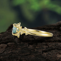 Round Cut Natural Moss Agate Nature Inspired Leaf Engagement Ring