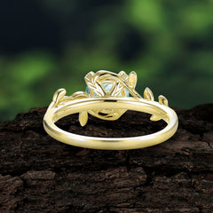 Round Cut Natural Moss Agate Nature Inspired Leaf Engagement Ring