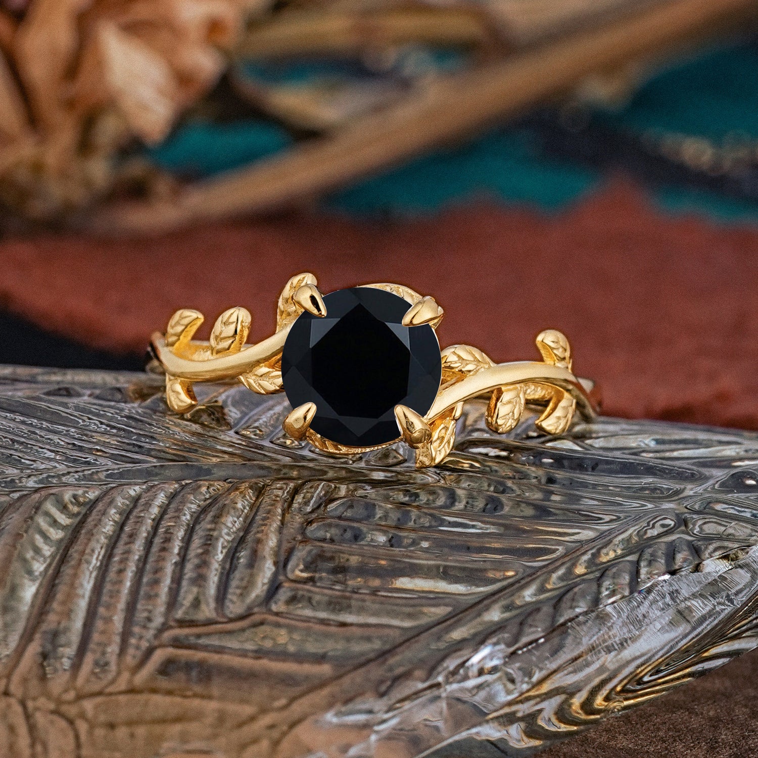 4 Prong Round Cut Black Onyx Nature Inspired Leaf Engagement Ring