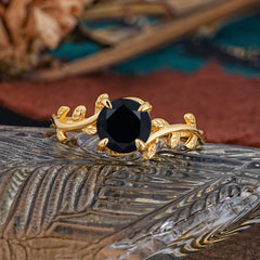 4 Prong Round Cut Black Onyx Nature Inspired Leaf Engagement Ring