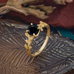 4 Prong Round Cut Black Onyx Nature Inspired Leaf Engagement Ring