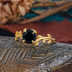 4 Prong Round Cut Black Onyx Nature Inspired Leaf Engagement Ring
