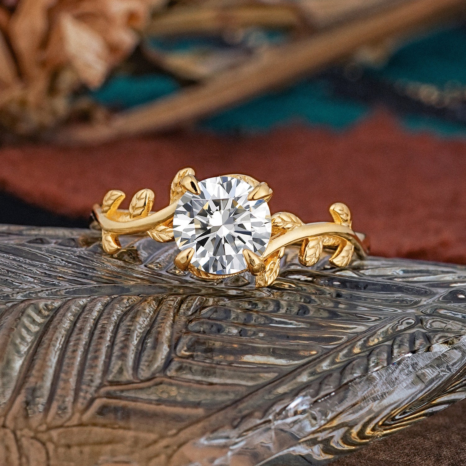 Round Cut Lab Diamond Nature Inspired Leaf Engagement Ring