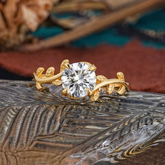 Round Cut Lab Diamond Nature Inspired Leaf Engagement Ring