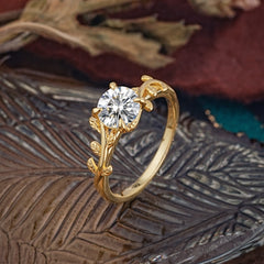 Round Cut Lab Diamond Nature Inspired Leaf Engagement Ring
