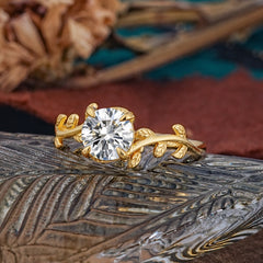 Round Cut Lab Diamond Nature Inspired Leaf Engagement Ring