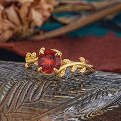 4 Prong Round Cut Garnet Nature Inspired Leaf Engagement Ring