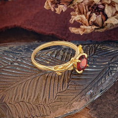 4 Prong Round Cut Garnet Nature Inspired Leaf Engagement Ring