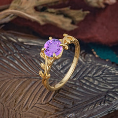 4 Prong Round Cut Amethyst Nature Inspired Leaf Engagement Ring