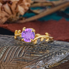 4 Prong Round Cut Amethyst Nature Inspired Leaf Engagement Ring