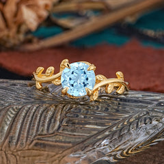 4 Prong Round Cut Aquamarine Nature Inspired Leaf Engagement Ring