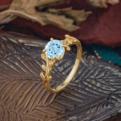 4 Prong Round Cut Aquamarine Nature Inspired Leaf Engagement Ring