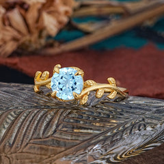 4 Prong Round Cut Aquamarine Nature Inspired Leaf Engagement Ring