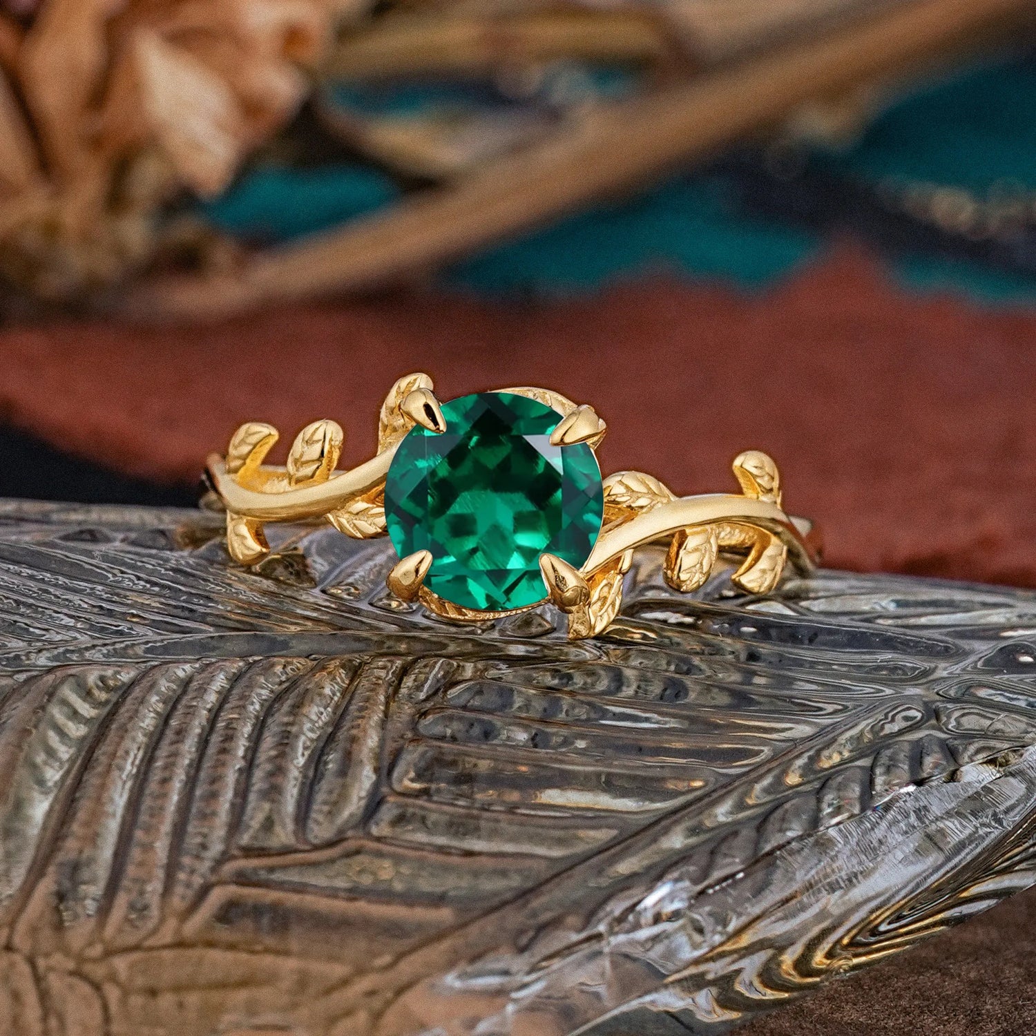 4 Prong Round Cut Emerald Nature Inspired Leaf Engagement Ring