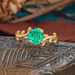 4 Prong Round Cut Emerald Nature Inspired Leaf Engagement Ring
