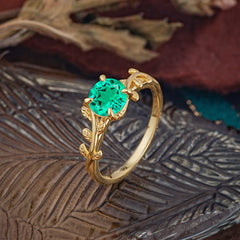 4 Prong Round Cut Emerald Nature Inspired Leaf Engagement Ring