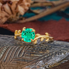 4 Prong Round Cut Emerald Nature Inspired Leaf Engagement Ring