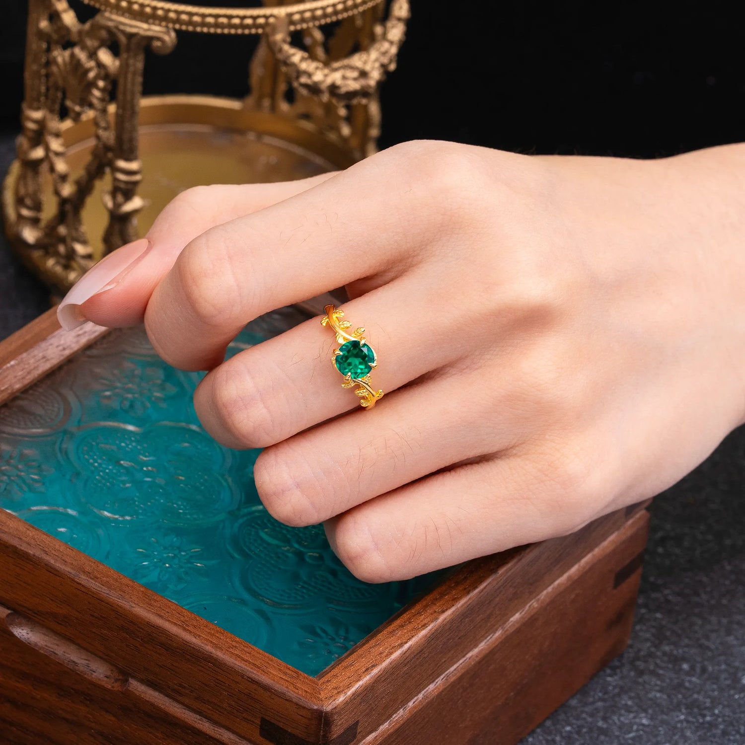4 Prong Round Cut Emerald Nature Inspired Leaf Engagement Ring