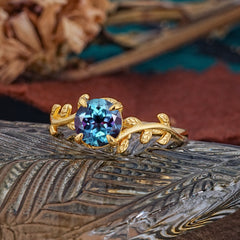 4 Prong Round Cut Alexandrite Nature Inspired Leaf Engagement Ring