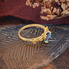 4 Prong Round Cut Alexandrite Nature Inspired Leaf Engagement Ring