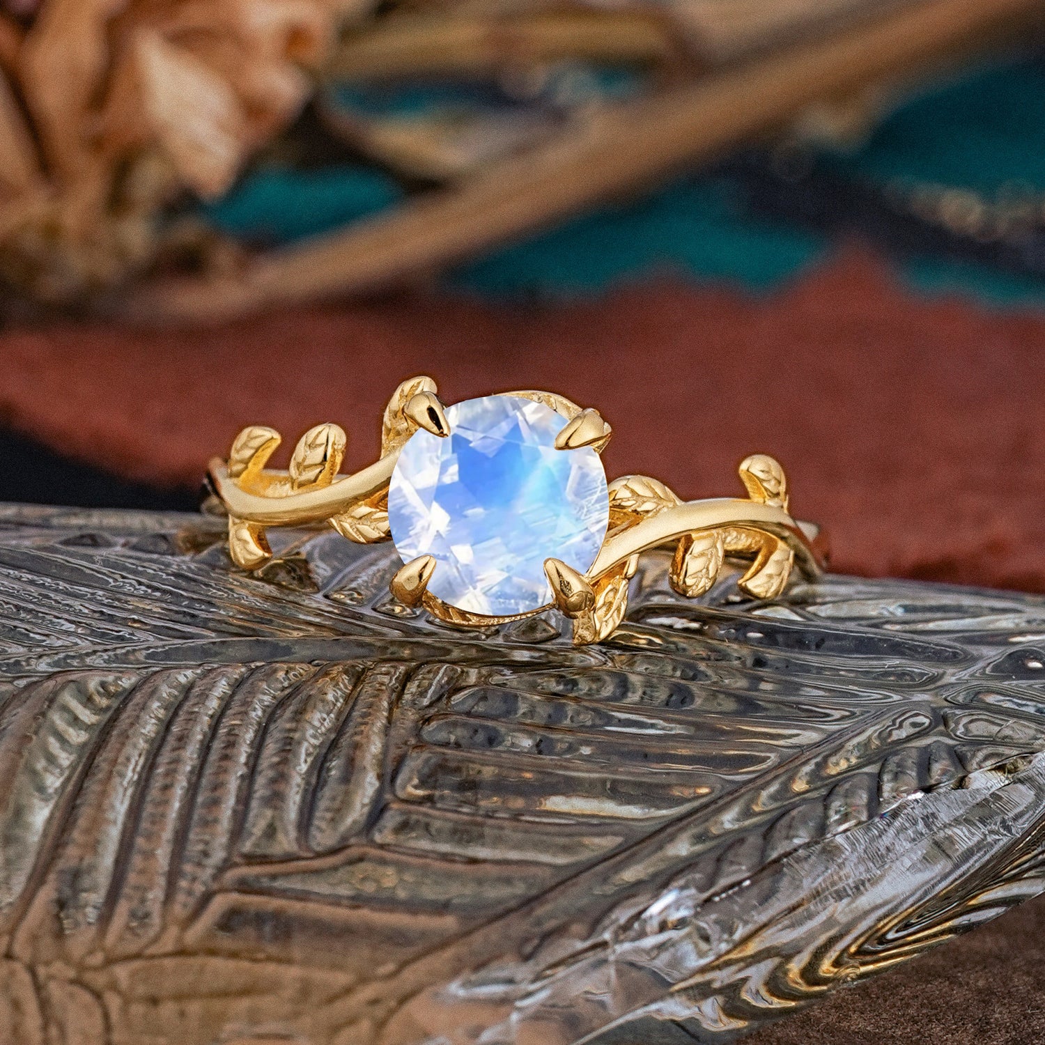 4 Prong Round Cut Moonstone Nature Inspired Leaf Engagement Ring