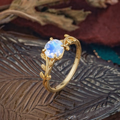 4 Prong Round Cut Moonstone Nature Inspired Leaf Engagement Ring
