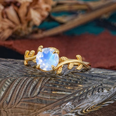 4 Prong Round Cut Moonstone Nature Inspired Leaf Engagement Ring