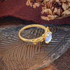 4 Prong Round Cut Moonstone Nature Inspired Leaf Engagement Ring