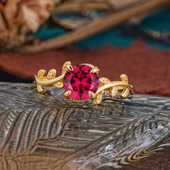 4 Prong Round Cut Ruby Nature Inspired Leaf Engagement Ring