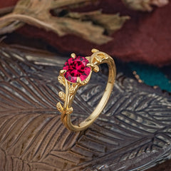 4 Prong Round Cut Ruby Nature Inspired Leaf Engagement Ring