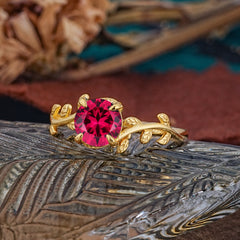 4 Prong Round Cut Ruby Nature Inspired Leaf Engagement Ring