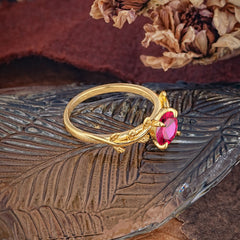 4 Prong Round Cut Ruby Nature Inspired Leaf Engagement Ring