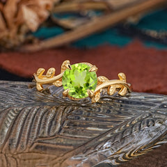 4 Prong Round Cut Peridot Nature Inspired Leaf Engagement Ring