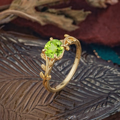 4 Prong Round Cut Peridot Nature Inspired Leaf Engagement Ring