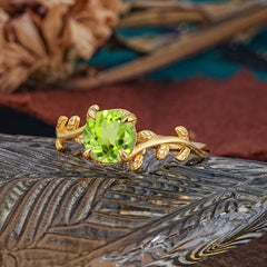 4 Prong Round Cut Peridot Nature Inspired Leaf Engagement Ring