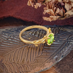 4 Prong Round Cut Peridot Nature Inspired Leaf Engagement Ring