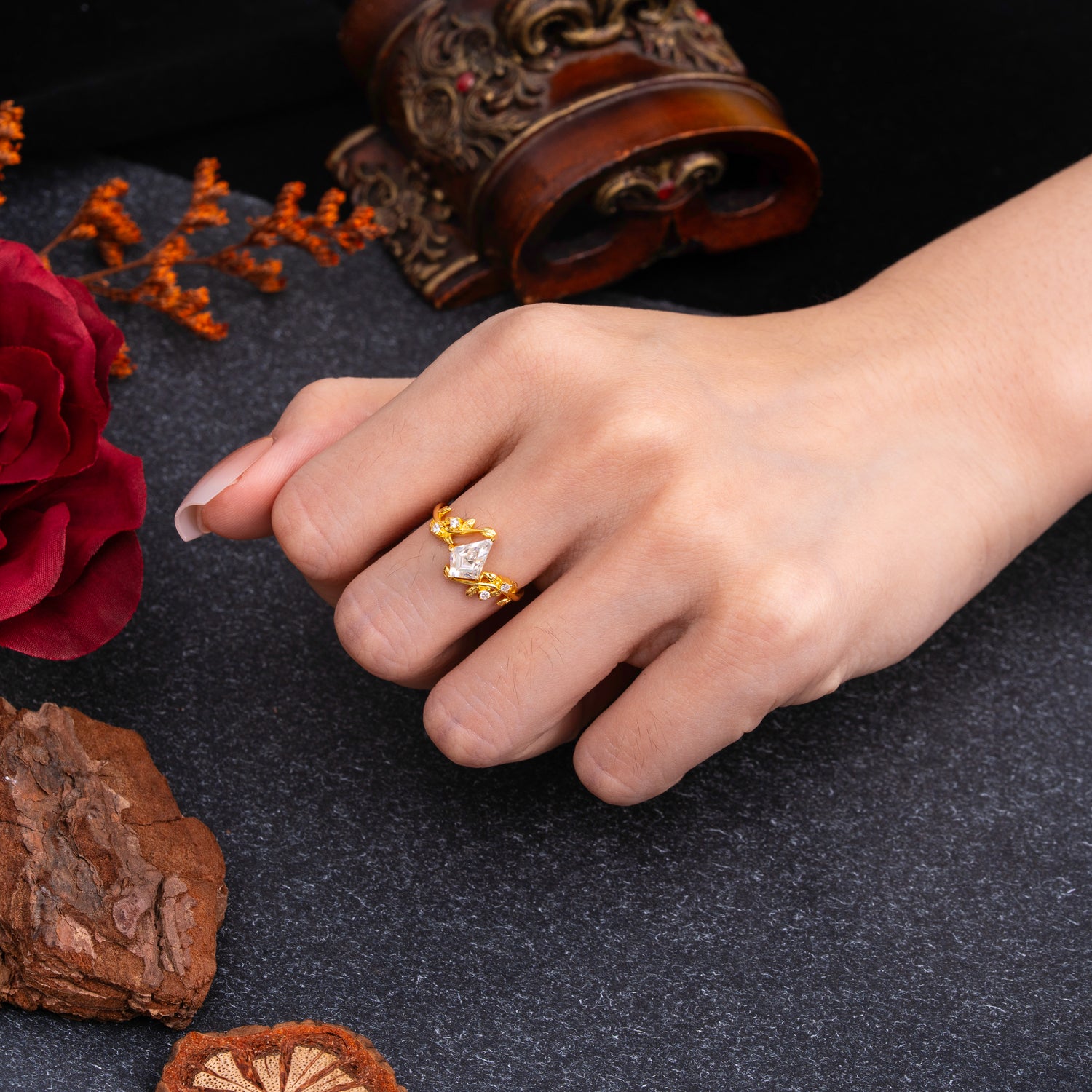 Nature Inspired Dazzling Kite Cut Moissanite Engagement Ring