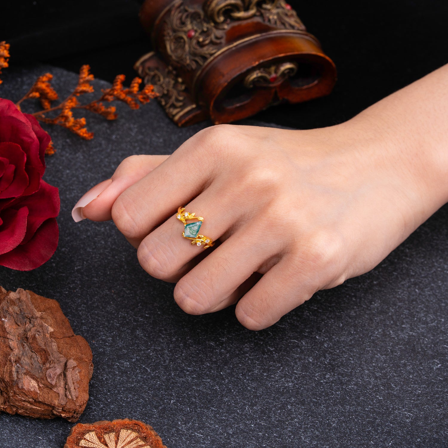 Dazzling Kite Cut Natural Moss Agate Engagement Ring