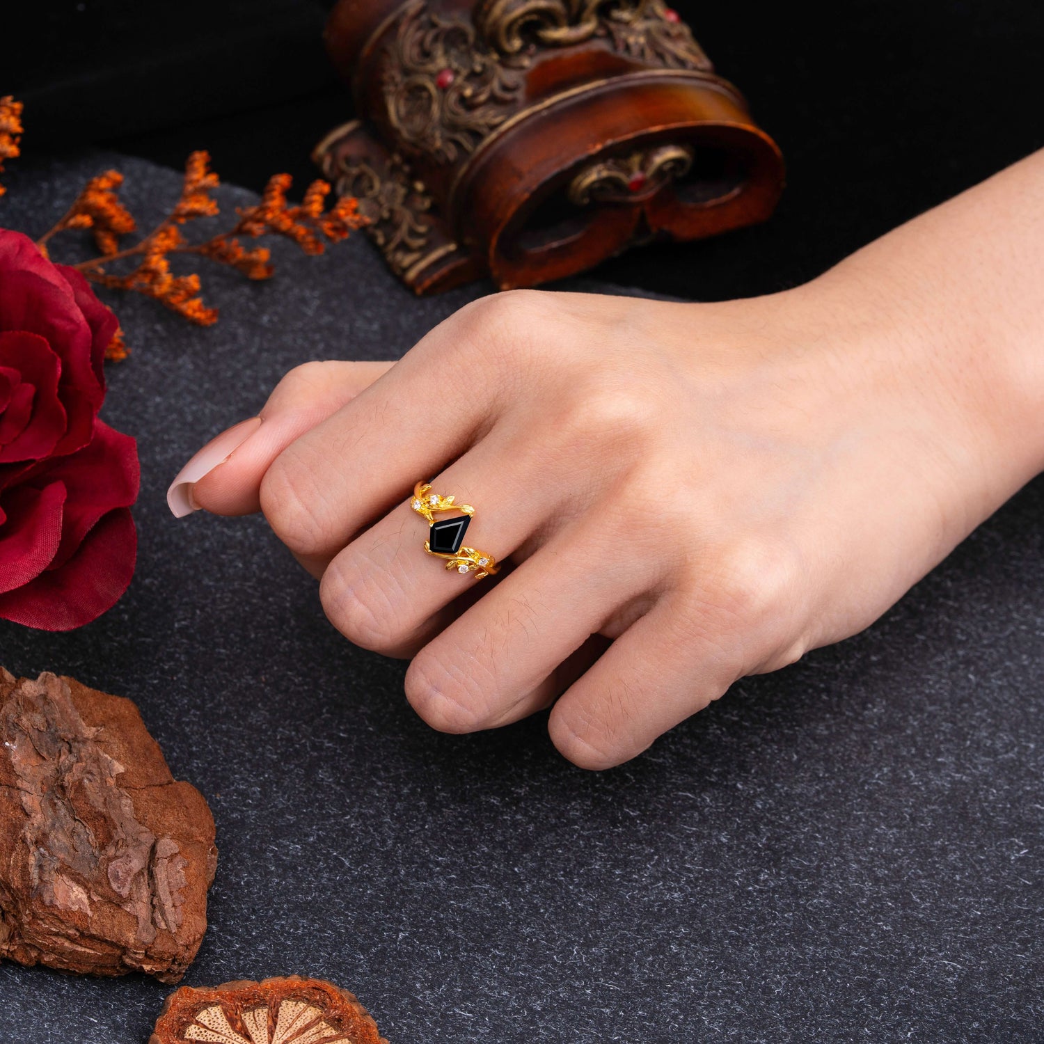 Nature Inspired Dazzling Kite Cut Black Onyx Engagement Ring