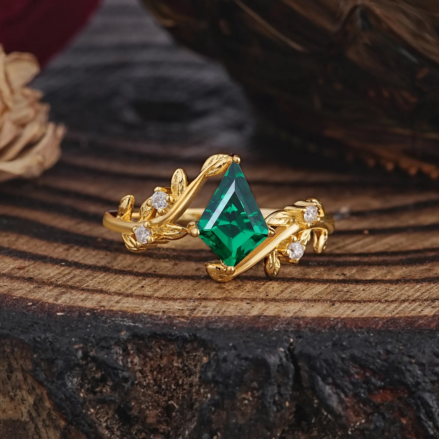 Nature Inspired Dazzling Kite Cut Emerald Engagement Ring
