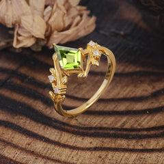 Nature Inspired Dazzling Kite Cut Peridot Engagement Ring