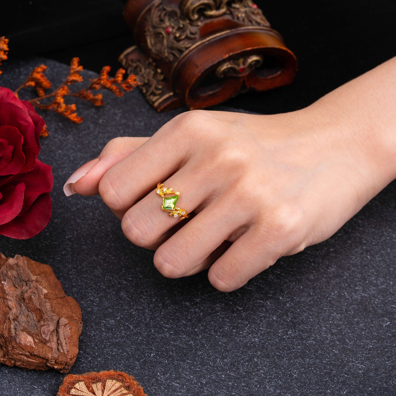 Nature Inspired Dazzling Kite Cut Peridot Engagement Ring