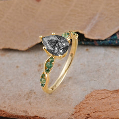 5 Prong Luxury Pear-Cut Black Rutilated Quartz Engagement Ring