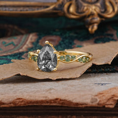 5 Prong Luxury Pear-Cut Black Rutilated Quartz Engagement Ring